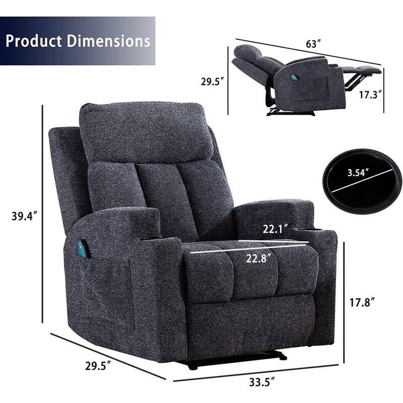Massage and Heating Manual Recliner Chair with 2 Cup Holders Breathable Fabric