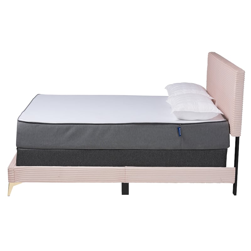 Modern Velvet Queen Bed - Pink Channel Tufted Panel Bed with Gold Metal Legs - Bedroom Furniture