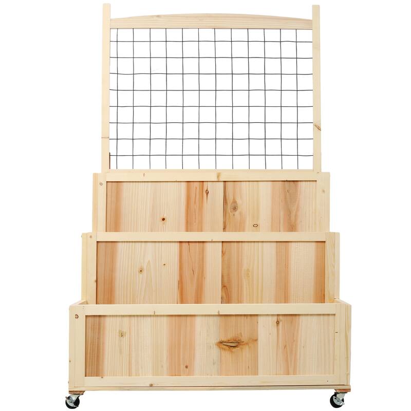 3-Tiers Raised Garden Bed with Trellis, 53" H Vertical Planter Box with Wheels & Back Storage Area