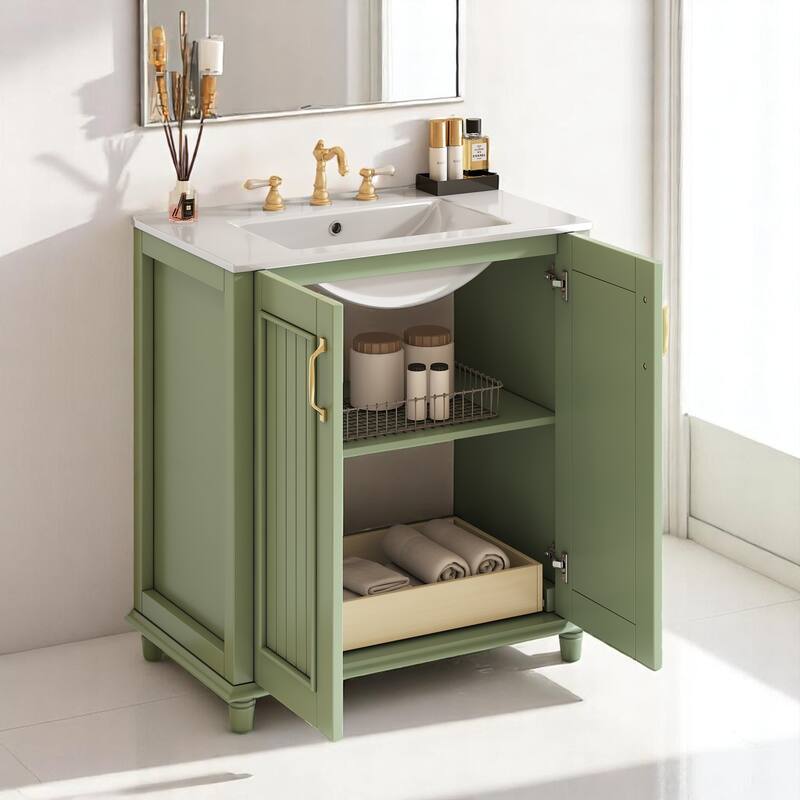 Modern 30 Inch Bathroom Vanity with Sink, Solid Wood Frame, Single Drawer, Storage Shelf & Gold Accents