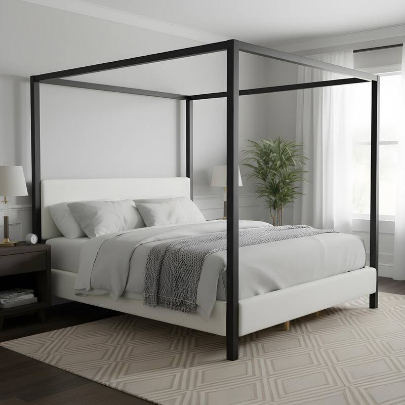 Christopher Knight Home - Mid-Century Modern Bouclé Upholstered Metal Canopy Bed Frame with Padded Headboard