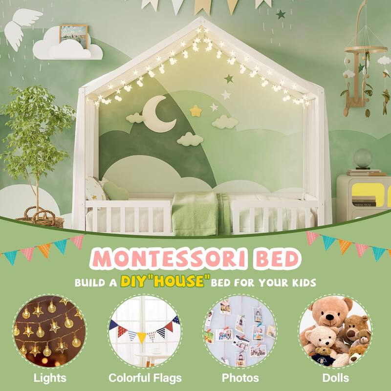 Roomfitters Montessori Floor Bed with Canopy, House Shape Wood Frame with Safety Rails, Youth Platform Bed