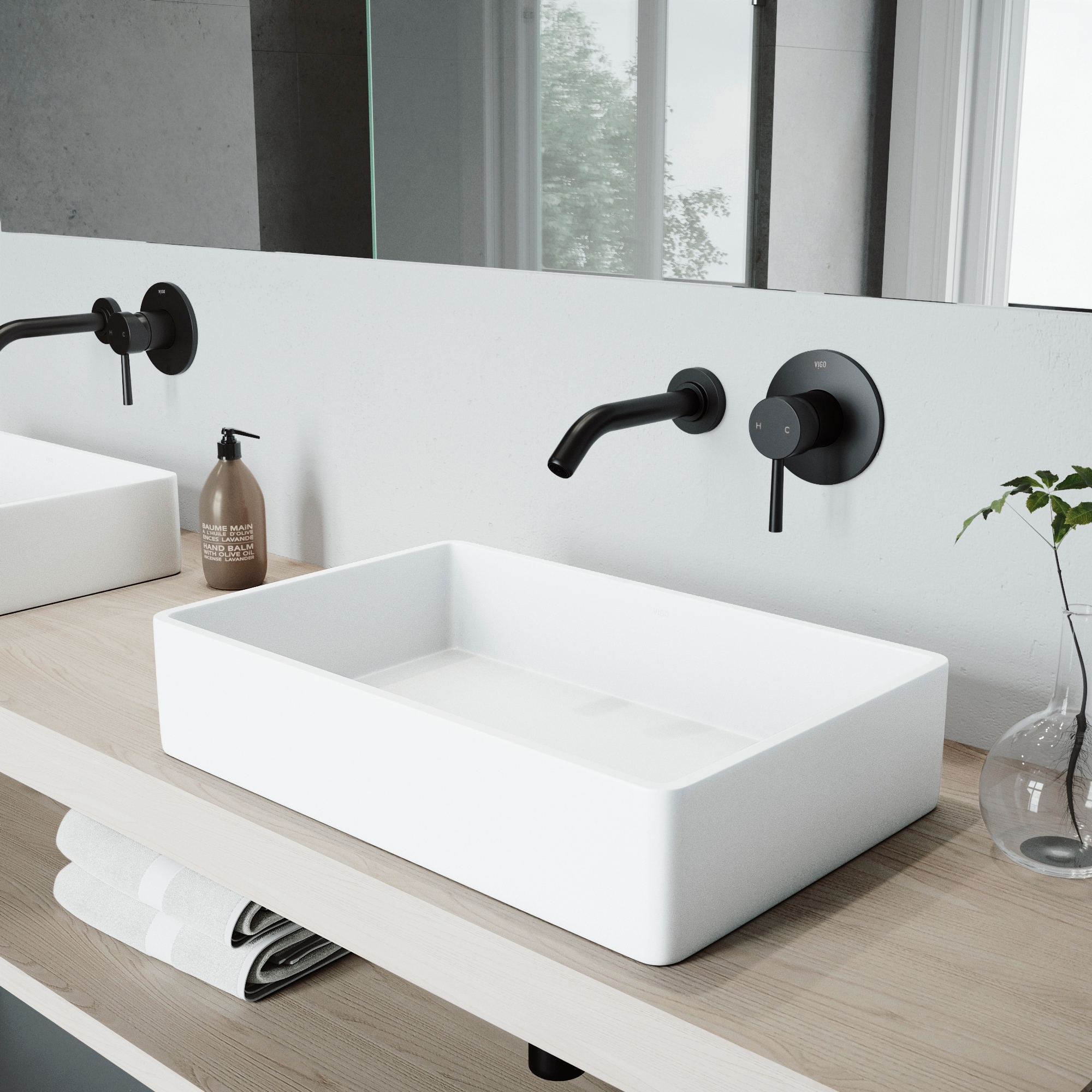 VIGO Magnolia 21"L x 14"W MatteStone Vessel Sink and Olus Wall Mount Faucet Set