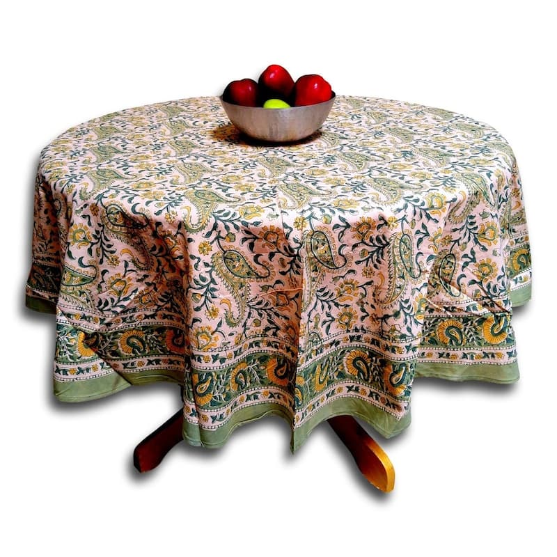 Block Print Cotton Divine Floral Paisley Table Linen Collection - 72-in Round
