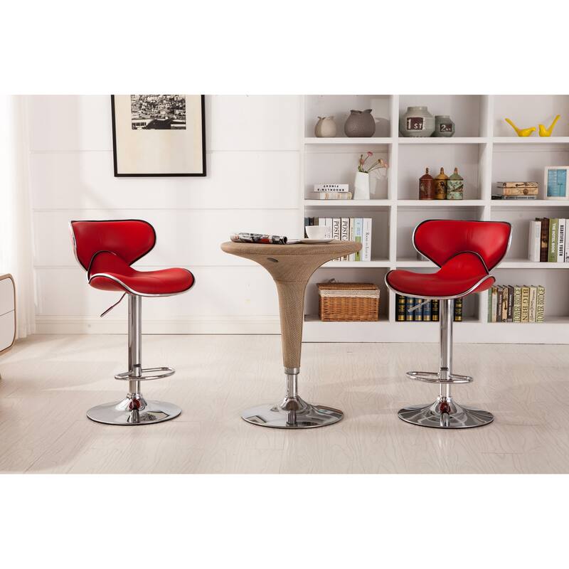 Modern Set of 2 Swivel Bar Stools with Leather Seat, Chrome Base, Height Adjustable, for Kitchen Island Dining Room - Red