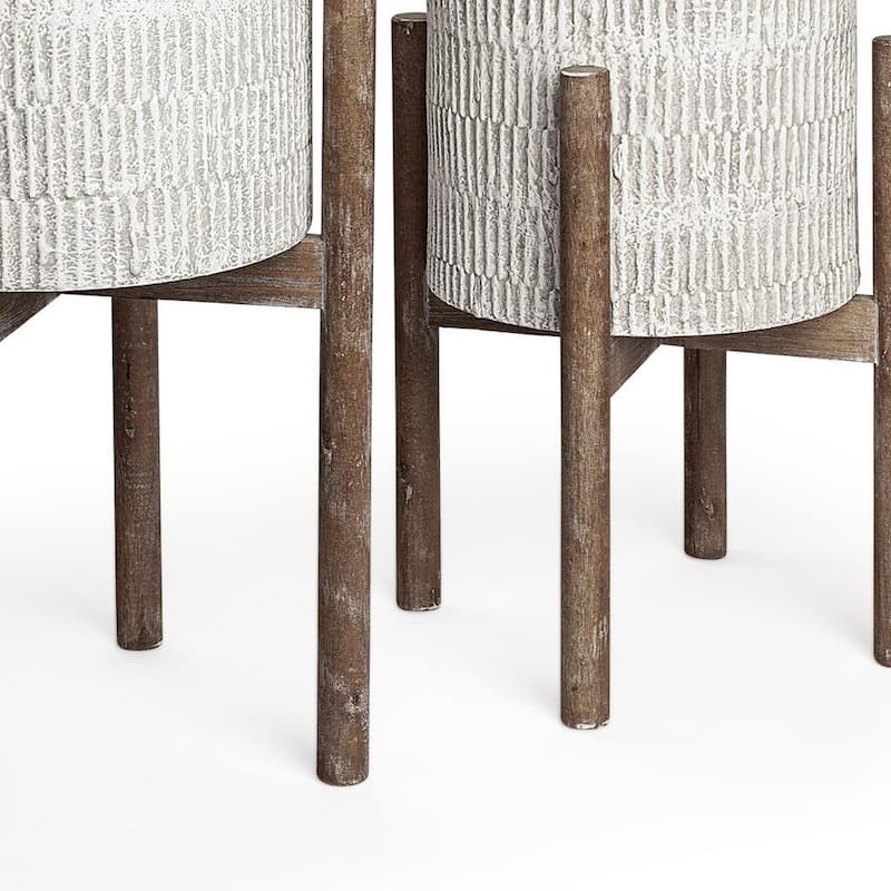 HomeRoots Set of Two Cream And Brown Ceramic And Wood Round Elevated Planters - 15.00 in. x 23.00 in. x 15.00 in.