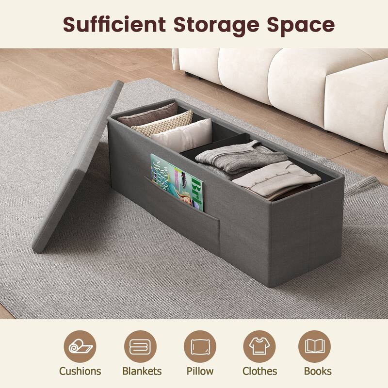 Large 38 Gallon Linen Fabric Storage Ottoman Bench Folding Multipurpose Footrest and Seat with Foam Cushion - 43" × 15" × 15"