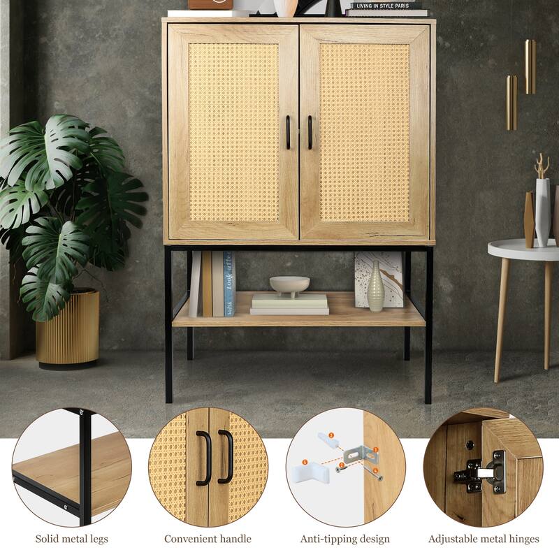 2 Rattan Doors Free Standing Storage Cabinet/Sideboard with 1 Open Bottom Shelf