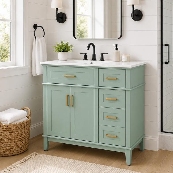 slide 2 of 15, Homy Casa 30 in. Bathroom Vanity with Ceramic Sink, Free-Standing Storage Cabinet with 2 or 3 Drawers 3 Drawers - Light Green
