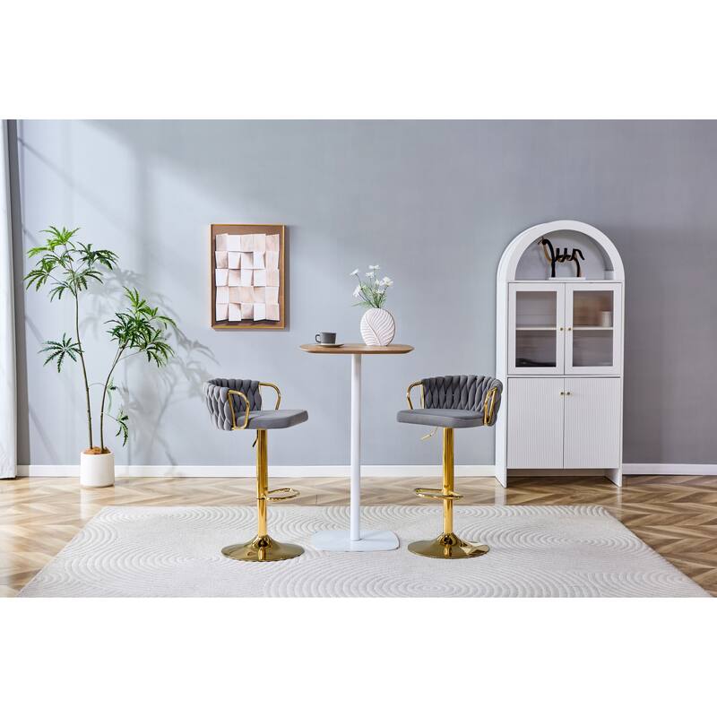 Set of 2 Modern Luxury Velvet Braided Bar Stool with Adjustable Height, Metal Base & Woven Rope Backrest