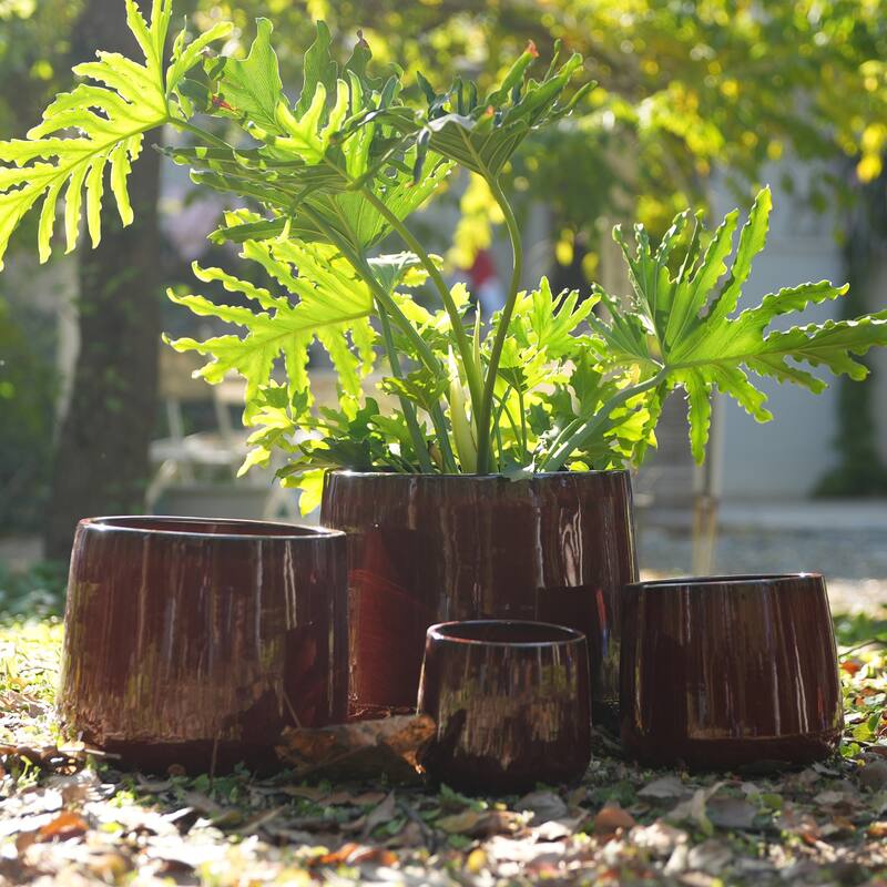 Handmade Ceramic Flower Pot Set of 4, 7/9/11/14 Inch Diameter, Deep Red Speckled Glaze for All Flowers, Indoor/Outdoor Use