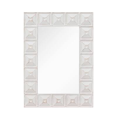 Rustic Whitewashed Rectangle Wood Block Frame Decorative Wall Mirror, 22.5 x 31.5 Inch