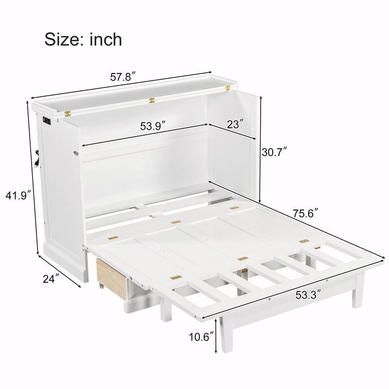 Solid Pine Murphy Bed Chest - Cube Cabinet Bed with Charging Station and Large Storage Drawer