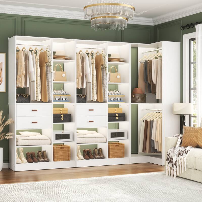 Set of 3 Corner Closet System with Tower Shelves, Closet Organizer with Drawers and Hanging Rods