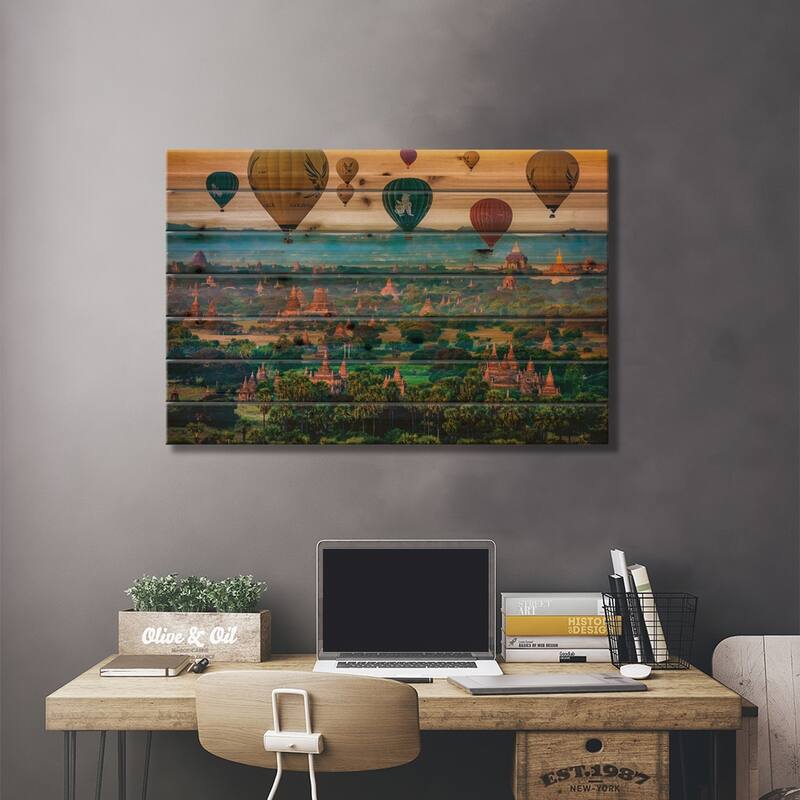 Myanmar Old Bagan Temples Hot Air Balloon I Print On Wood by Alex G Perez - Multi-Color