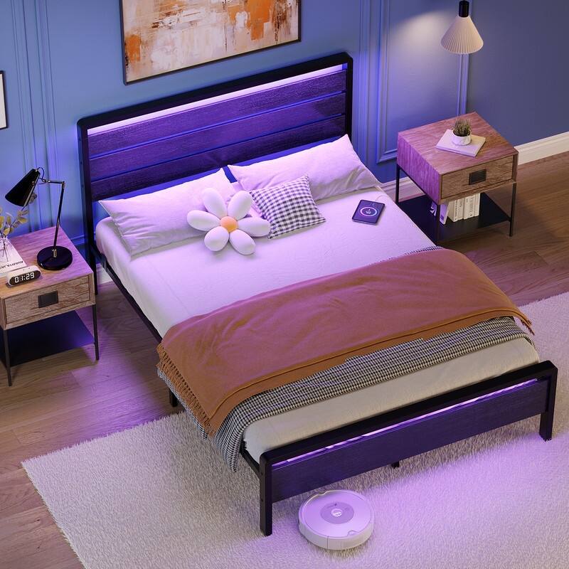 Bed Frame with LED Light and Charging Station, Metal Platform Bed with Wood Headboard
