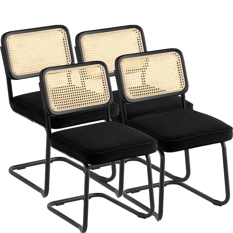 Rattan Dining Chairs Set of 4, Mid Century Modern Dining Chair, Upholstered Velvet Accent Chair with Rattan Back, Retro Dining - Black - 4 Pieces