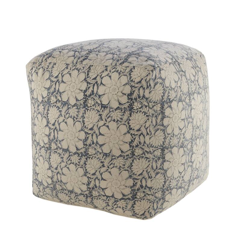 20" Navy Blue and White Floral Handmade Square Pouf Ottoman