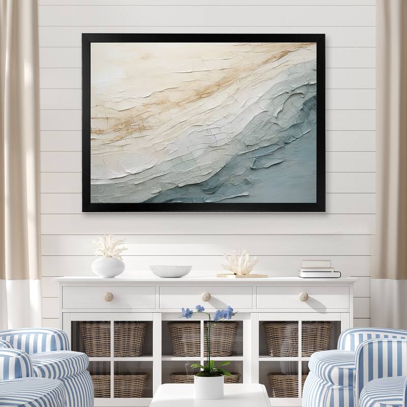 Designart "Minimalism Beige And Grey Wave Horizon I" Coastal Minimalism Framed Wall Decor - 32 in. wide x 16 in. high - Black