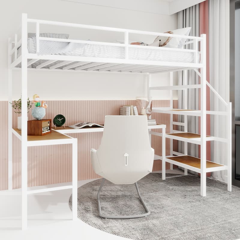 Twin Size Loft Bed Frame with L-Shaped Desk, Large Storage Space and Storage Shelves Stairs