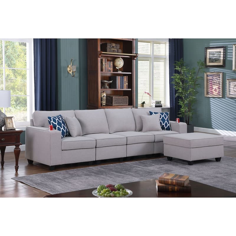 Linen Upholstered 4-Seater Sofa with Ottoman in Light Gray - Light Gray/Brown