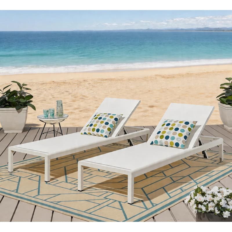 Christopher Knight Home Lucas Outdoor Aluminum Adjustable Chaise Lounge with Wheels，All Weather Use(Set of 2) - White