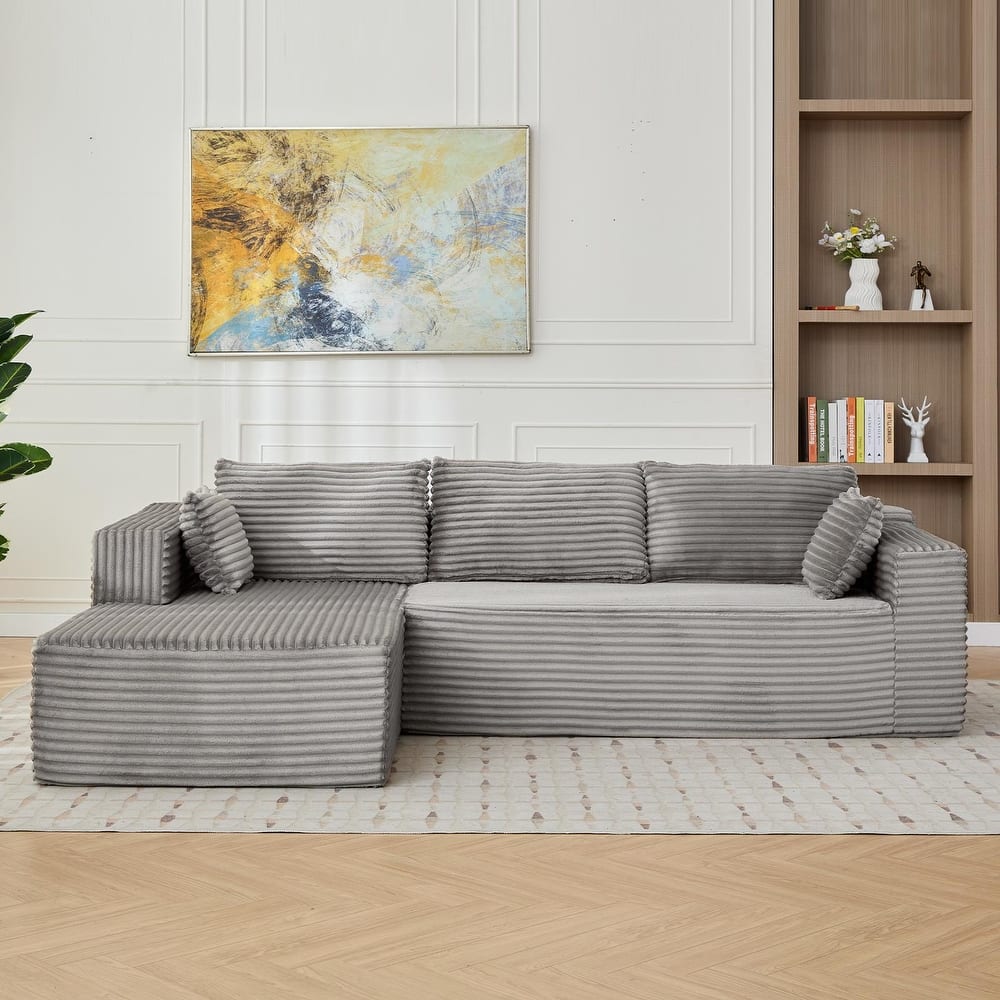 Boneless L-shaped Sectional Sofa with Chaise, Modular Sleeper Sofa Bed Corduroy Compression Deep Seat Sectional Couch