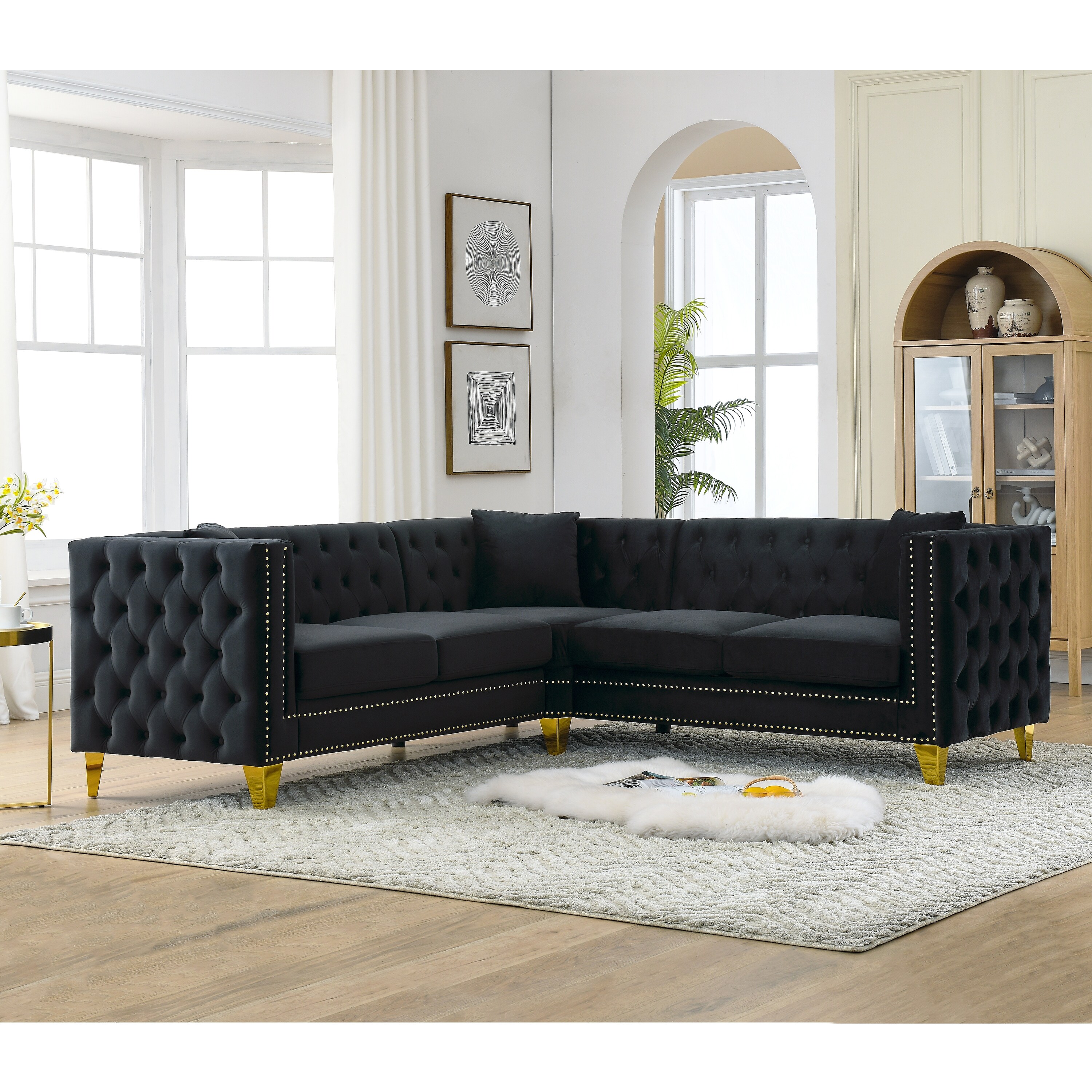 L Shaped Sectional Sofa Sets Velvet Corner Lounge Sofa 5 Seater Symmetrical Couch with Nailhead Trim for Living Room
