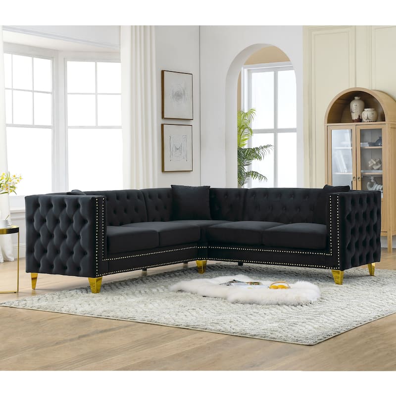 Velvet L Shaped Sofa Couch, Tufted Upholstered Sectional Couch, 5 Seater Corner Sofa with Tapered Legs & 3 Pillows