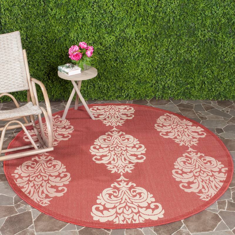 SAFAVIEH Courtyard Pauley Damask Indoor/ Outdoor Waterproof Patio Backyard Rug - 6'7" Round - Red/Natural