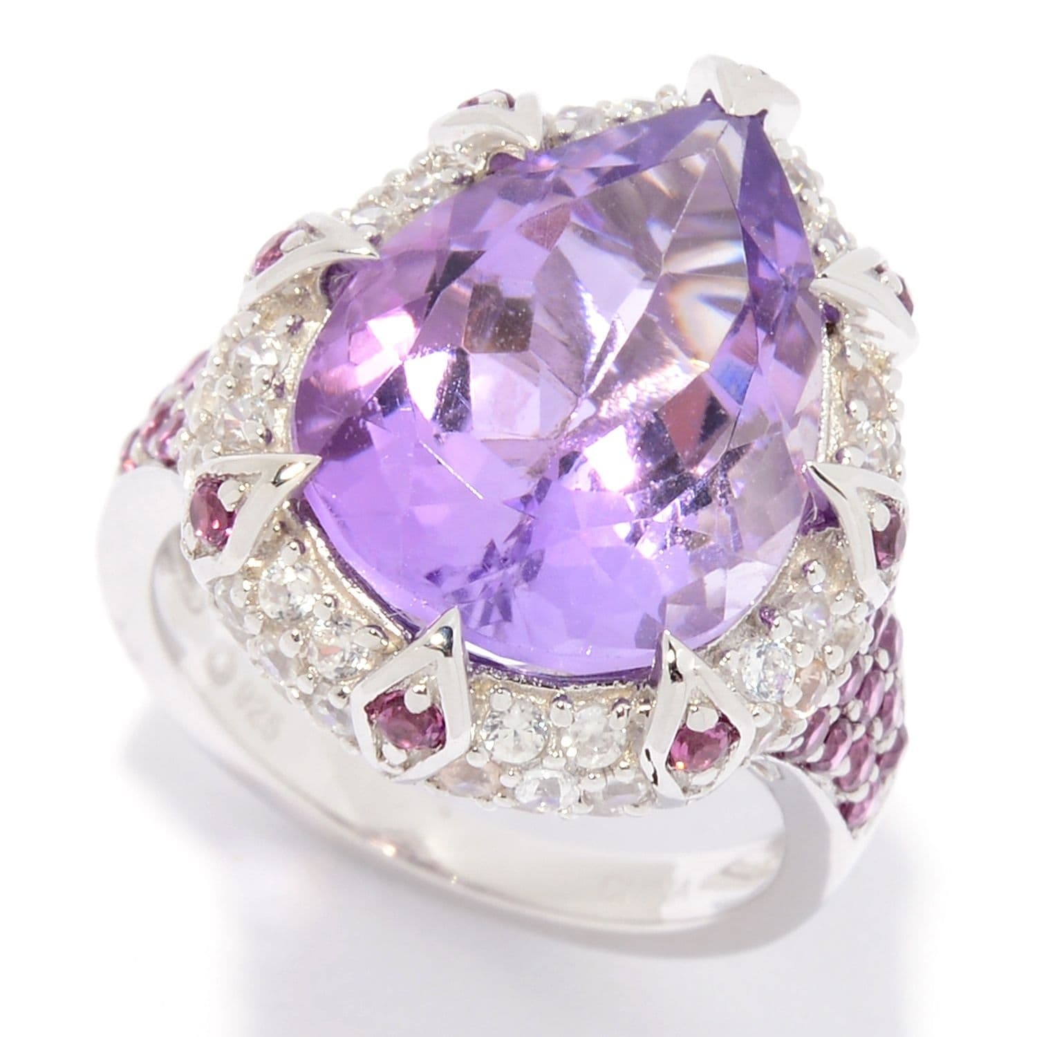 Pinctore Sterling Silver Pear Cut Pink Amethyst & White Zircon Ring