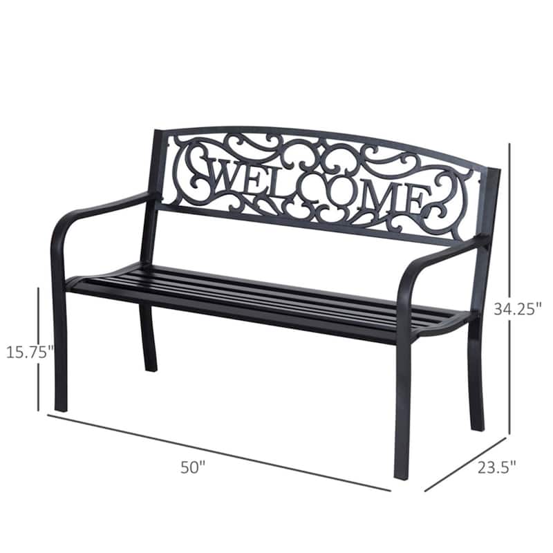 Outdoor Garden Bench with Welcome Design Heavy Duty Tubular Steel Patio Seat for Yard Porch and Park