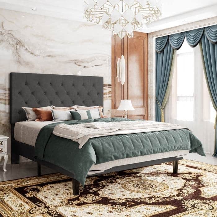 Low Profile Grey Linen Platform Bed with Button Tufted Headboard