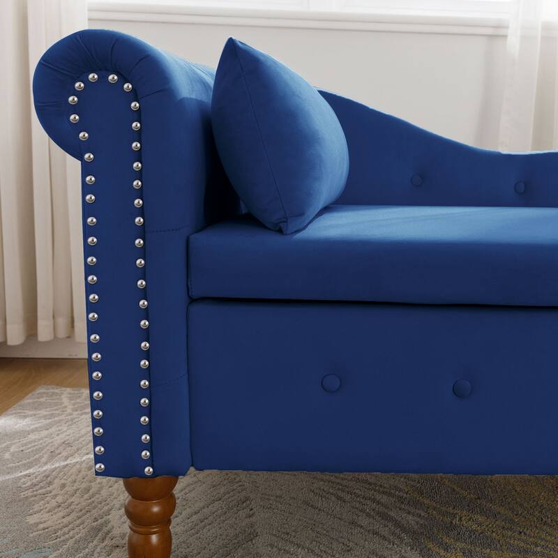 Velvet Upholstered Rolled Arm Chaise Lounge with Storage and Pillow