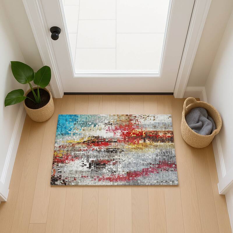 Machine Washable Indoor/ Outdoor Abstract Pixels Chantille Rug