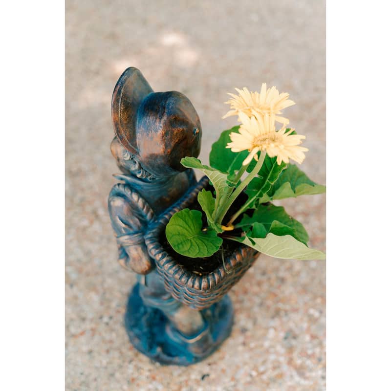 Xbrand 24" H Faux Bronze Magnesium Oxide Walking Garden Statue w/Small Flower Plant Pot, Natural Design Sculpture