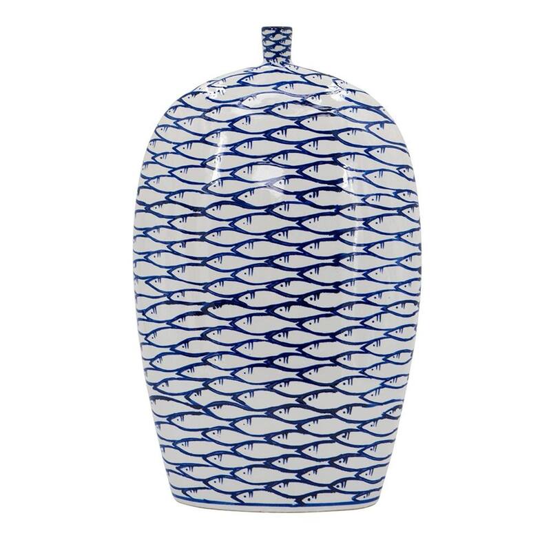 16" Blue And White Fish Print Oval Ceramic Table Vase - 11.80