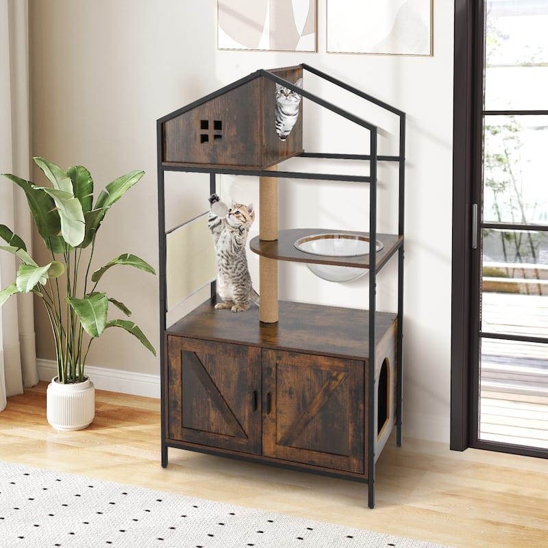 59" Tall Rustic Wood Cat Tree with Hidden Litter Box Enclosure Condo and Scratch Post Cat Tower