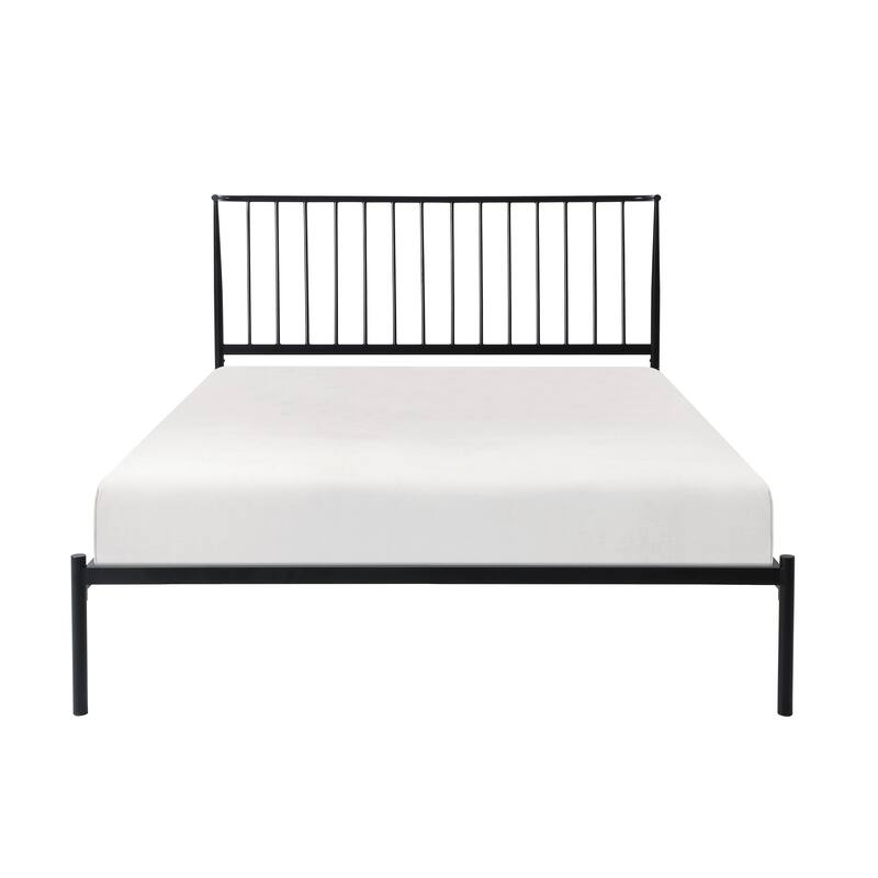 Queen Size Metal Platform Bed with Angled Headboard and Farmhouse Style