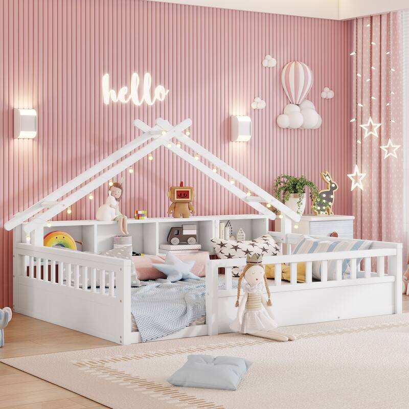 House-shaped Daybed Kids Wood House Bed Montessori Toddler Floor Bed with Roof Shape Storage Bookshelves and Light
