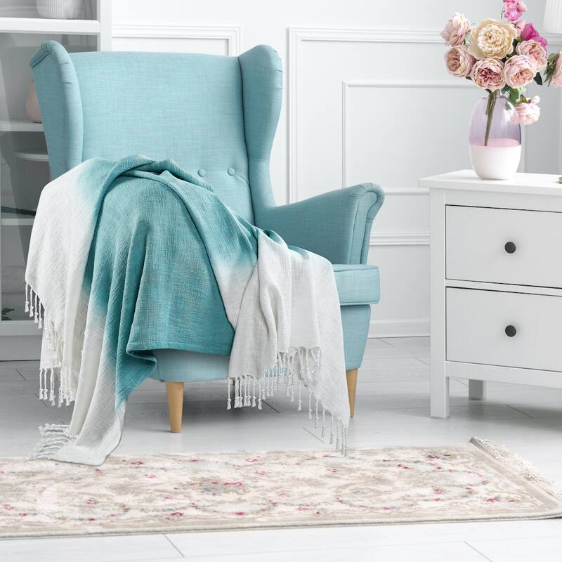 Sevita Angel Blue Shibori Slab Standard Size Throw Blanket with Fringe