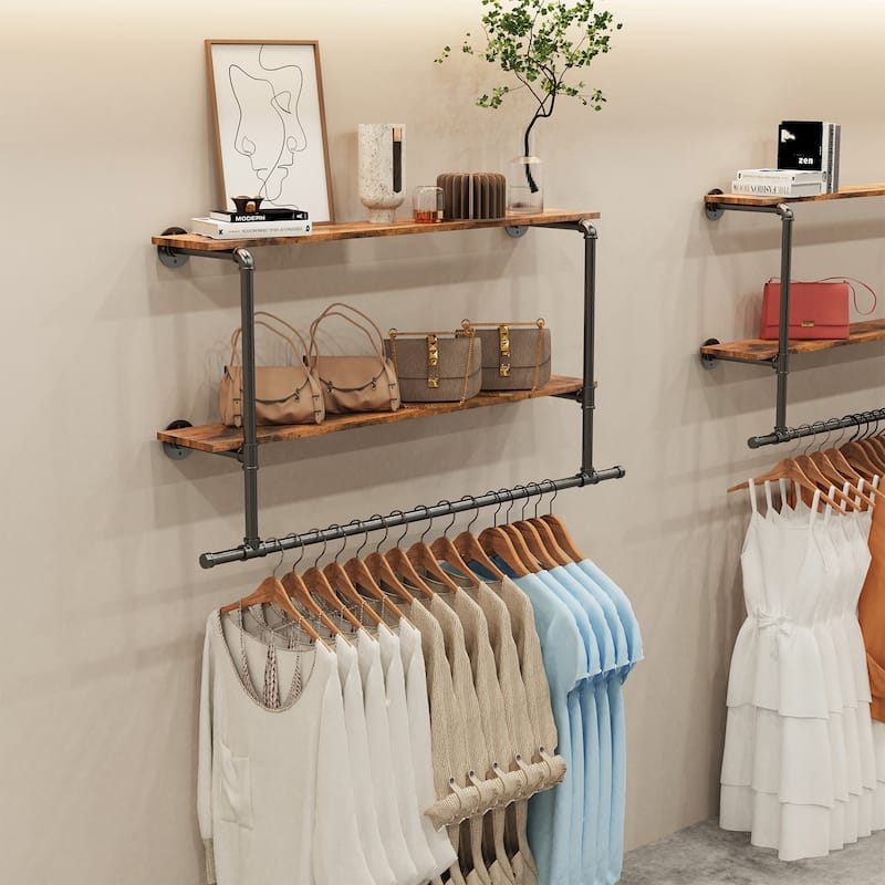 Wall Mounted Clothes Rack with Shelf Industrial Pipe Garment Rack Bar - 45.7x7.56x26.6 inch