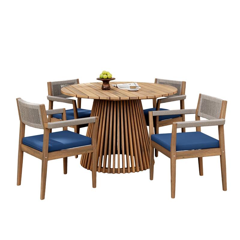 Roomfitters 3-Piece Acacia Wood Patio Set, 2 Braided Rope Dining Chairs with Navy Cushions & Teak-Look Table