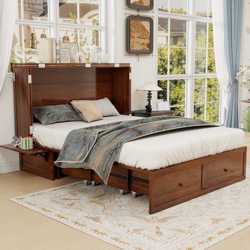 Solid Wood Murphy Bed Full Size with Storage | Space Saving Walnut Cabinet Bed with Easy Pull-Out Mechanism for Bedroom