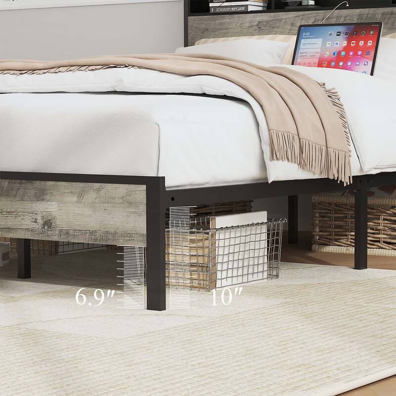 Platform Bed with Headboard Storage and Charging Station,Ideal for Modern Bedrooms and Efficient Living Spaces