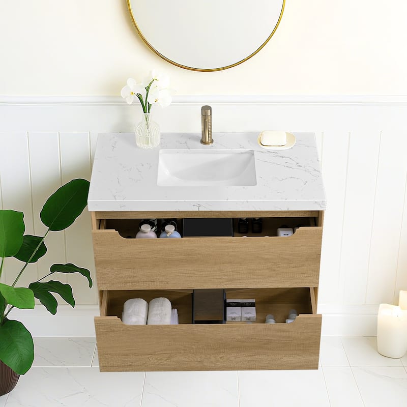 24"36"48"60"72"84" Floating Bathroom Vanity with Engineered Top Rectangulare Sink Solid Wood