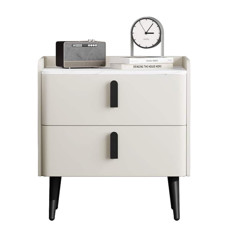 Modern 2-Drawer Nightstand with Marble-Pattern Top - Bedside/End Table for Bedroom/Living Room (White)