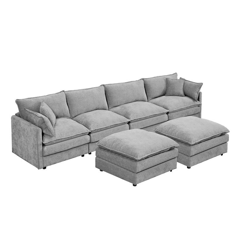 U Shaped Modular Sectional Sofa with Movable Ottoman, Comfy Chenille 4-Seater Cloud Couch, High-Resiliency Foam Deep Seat Sofa