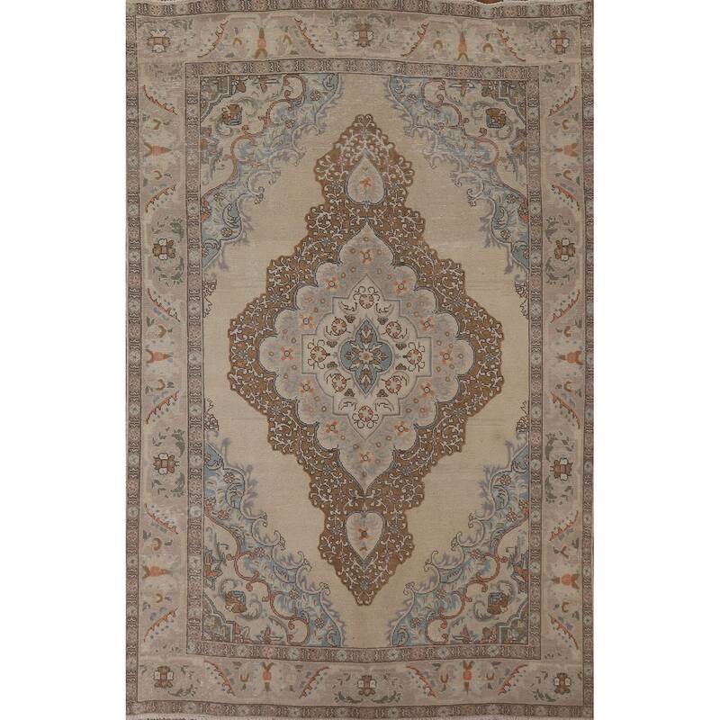 Vintage Medallion Distressed Tabriz Persian Rug Handmade Wool Carpet - 6'6" x 9'6"