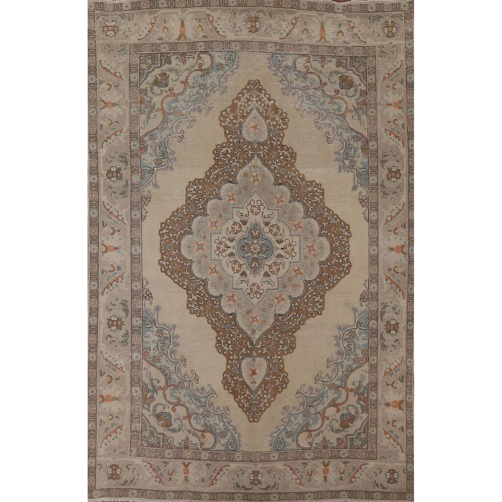Vintage Medallion Distressed Tabriz Persian Rug Handmade Wool Carpet - 6'6" x 9'6"